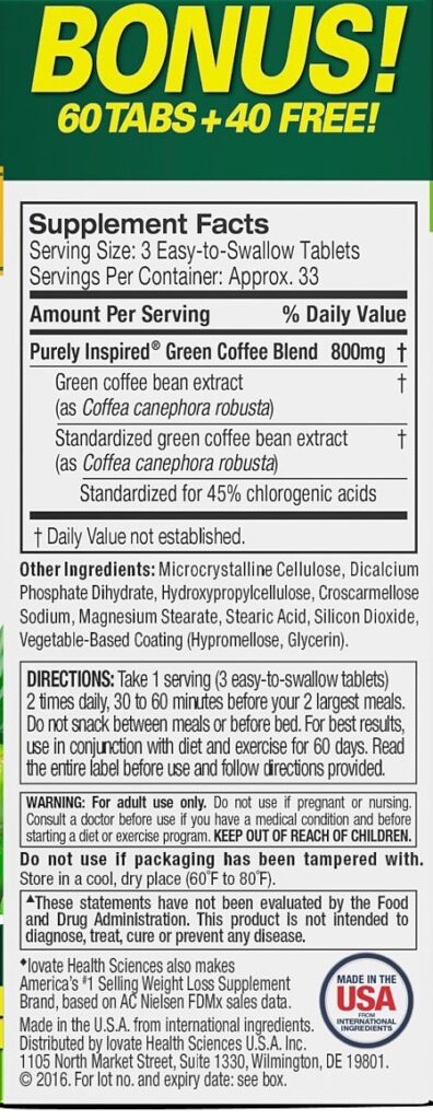 Purely Inspired Green Coffee Ingredients Label